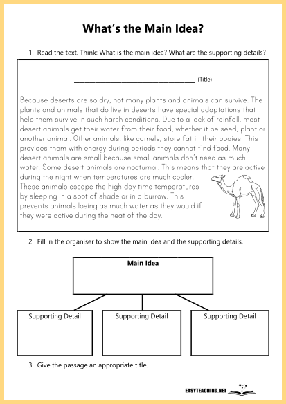 main idea reading strategy worksheet, summarising, summarizing