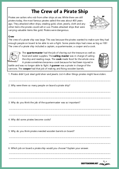 pirate crew reading comprehension sheet, year 2, year 3, year 4
