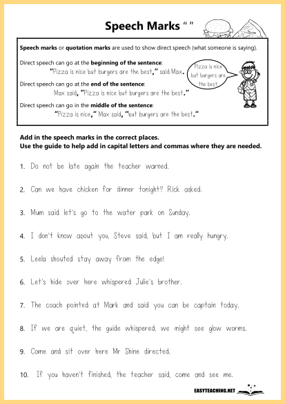 speech marks worksheet for class 4